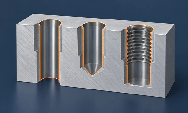 Cutaway comparison of a through hole, blind hole and threaded hole in a machined part
