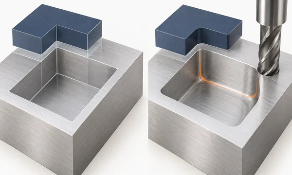 Comparison of a sharp internal pocket corner and a cutter-compatible radius