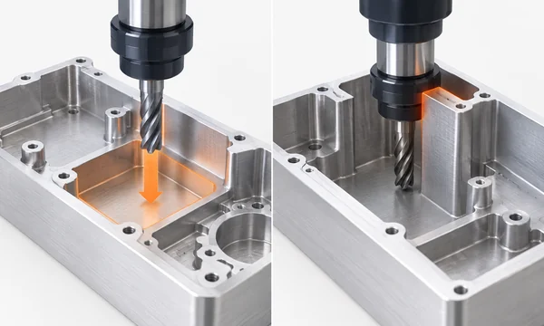 Diagram comparing accessible and obstructed cutter approaches to a machined housing