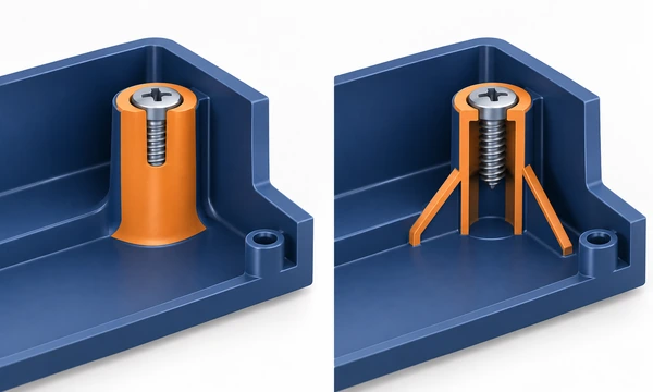 Conceptual comparison of a solid screw boss and a cored boss supported by ribs