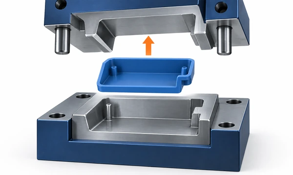 Conceptual mold-opening view of a plastic cover and its pull direction