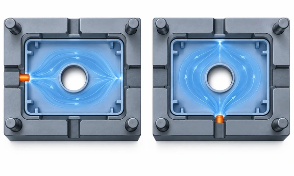 Conceptual comparison of alternative gate positions and flow paths around a hole