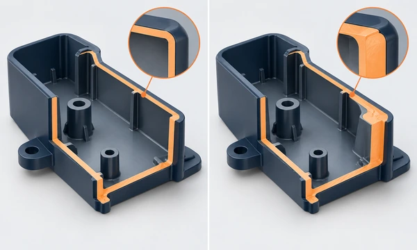Conceptual comparison of an even wall and a thick junction in a molded housing