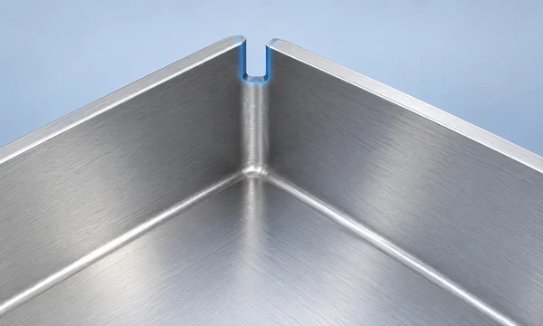 Close-up conceptual render of bend relief at a sheet metal enclosure corner