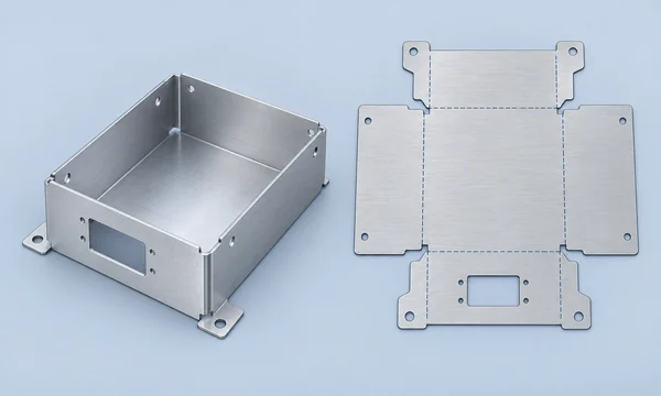 Conceptual comparison of a folded sheet metal enclosure and its flat pattern