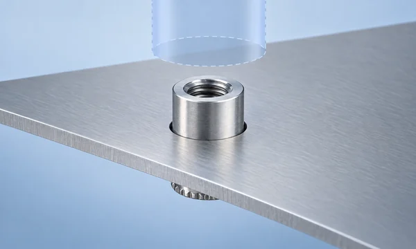 Conceptual render of a threaded standoff and installation access above a metal panel