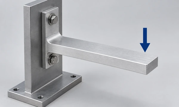Conceptual aluminum cantilever bracket bolted to a support, with an arrow indicating load direction.