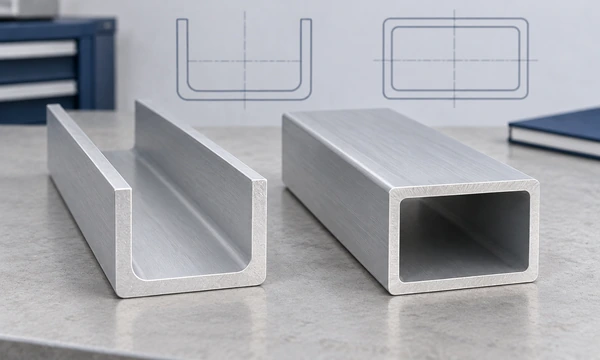 Concept close-up of an open aluminum channel and a hollow profile showing their cut ends and wall sections.