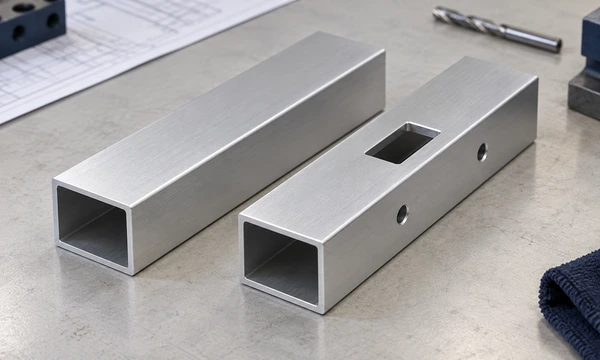 Concept comparison of a plain aluminum extrusion and a matching component with a machined window and holes.