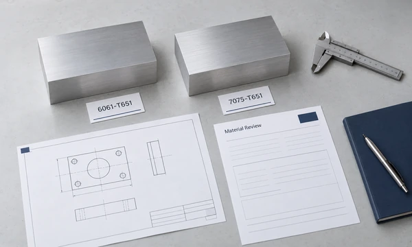Conceptual aluminum stock samples with material-condition cards beside a drawing and review sheet.
