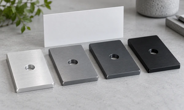 Conceptual anodized aluminum samples in silver, gray and black arranged for an appearance review.