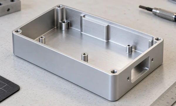 Conceptual CNC-machined aluminum electronics housing with an anodized finish and threaded bosses