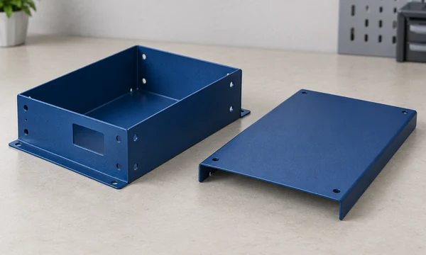 Conceptual blue powder-coated aluminum sheet-metal shell with a removable lid and connector opening