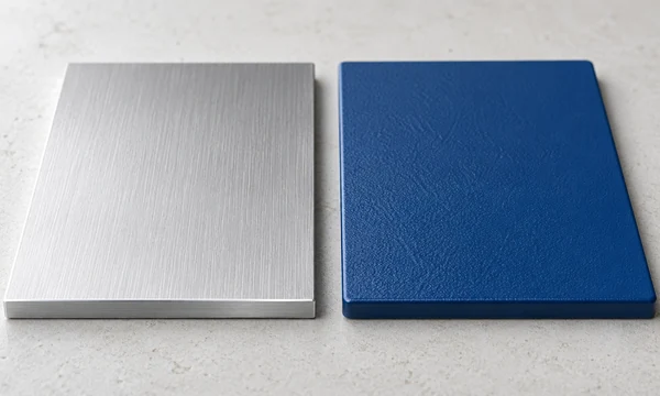 Side-by-side conceptual samples showing brushed anodized aluminum and matte blue powder-coated aluminum textures