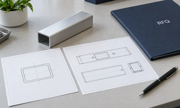 Concept RFQ review with an aluminum profile sample, section drawing and finished-part drawing.