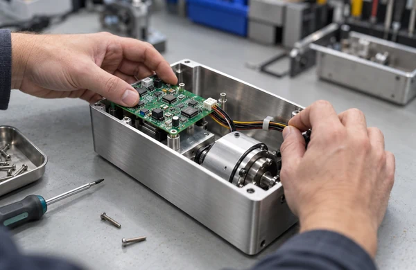 Technician checking cable routing and tool access during an electromechanical pilot build