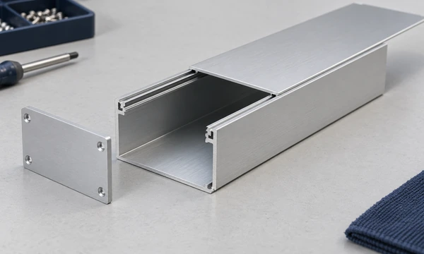 Concept aluminum enclosure with a partly inserted sliding cover and a separate matching end cap.