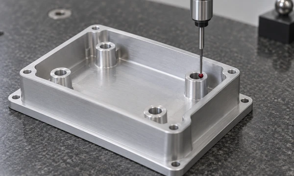 Conceptual CMM probe inspecting a mounting bore on a machined aluminum enclosure