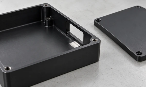 Conceptual black anodized enclosure with connector opening, lid threads and an uncoated electrical contact pad