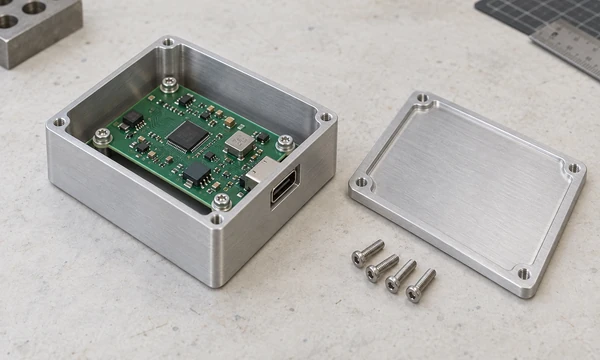 Conceptual fit-check setup showing an aluminum enclosure, PCB and matching lid