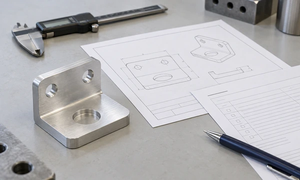 Conceptual machined aluminum bracket beside a controlled drawing, review sheet and caliper.