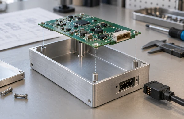 Mechanical enclosure and PCBA interface review showing connector and mounting alignment