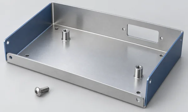 Connector cutout and accessible threaded standoffs inside a folded sheet metal enclosure