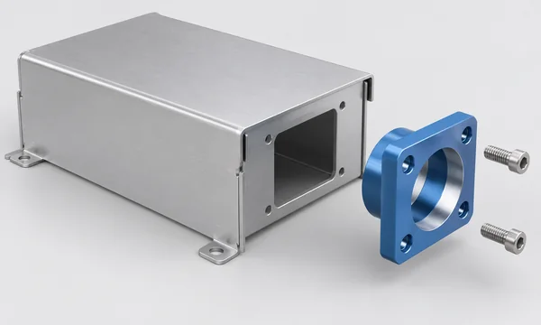 Folded sheet metal shell with a separate machined interface bracket and fasteners
