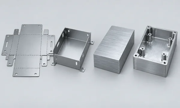 Flat sheet metal blank and folded shell beside a solid billet and machined electronics housing